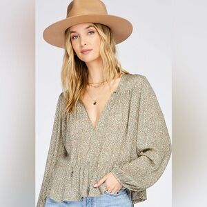 Gentle Fawn Maddie Fern Dot Blouse • Medium • Boho Floral Peplum Top